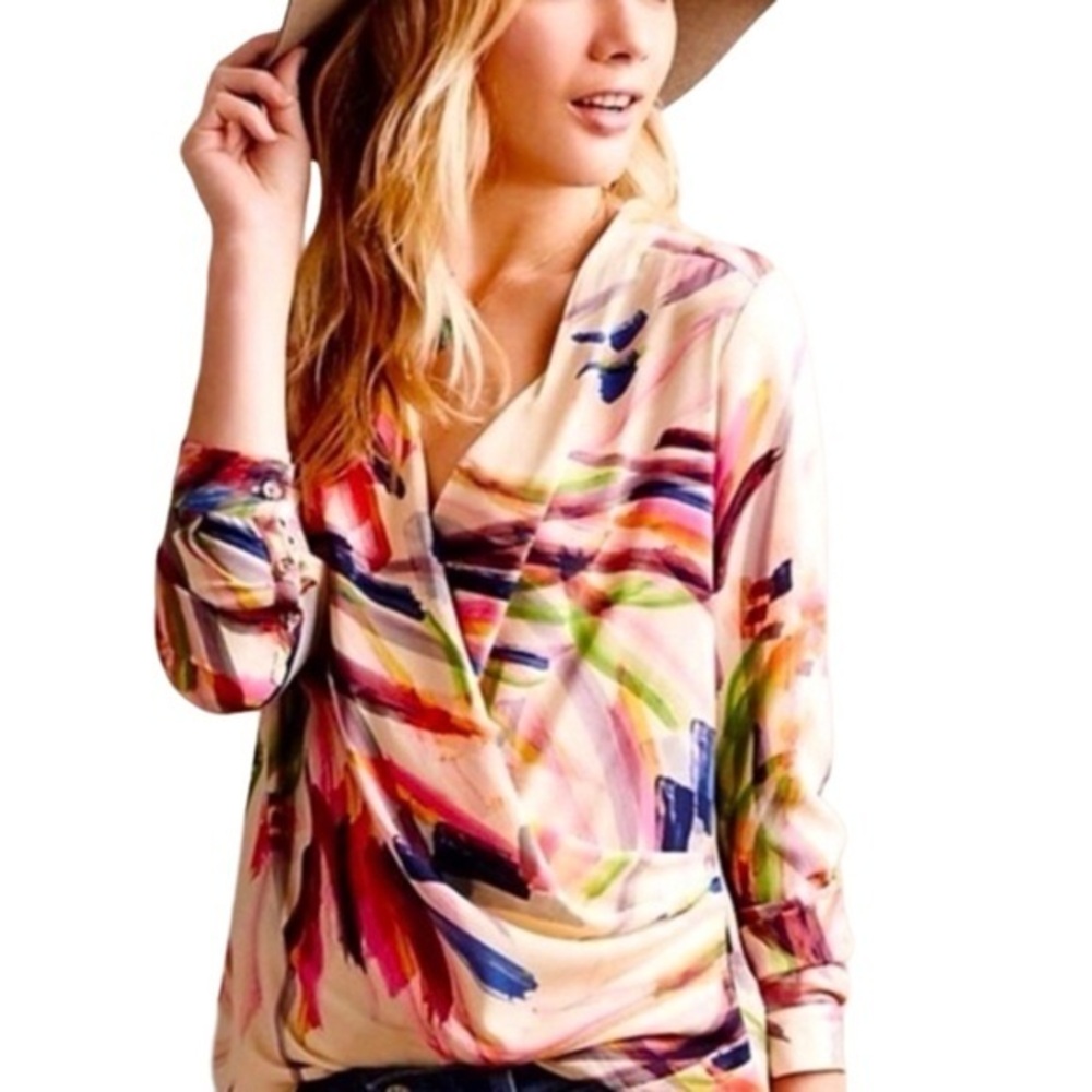 Anthropologie HD in Paris Watercolor Wrap Top - Picture 1 of 7